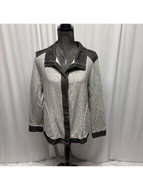 Focus Casual Life Cardigan Womens Sz Large Gray Black Button Up Raw Edge Details
